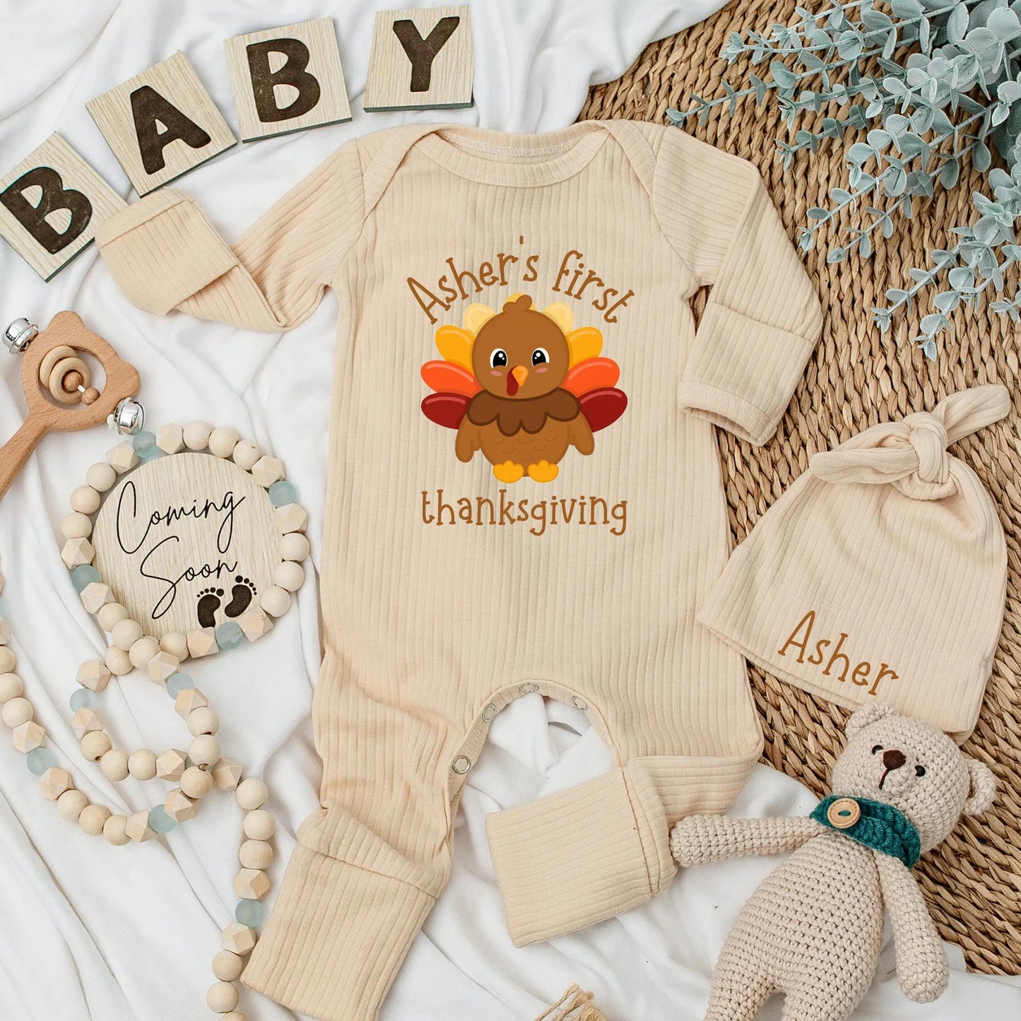 Personalized Baby's First Thanksgiving Bodysuit with Cute Turkey Name Design, Warm Fall Colors Newborn Autumn Outfit Romper Gift