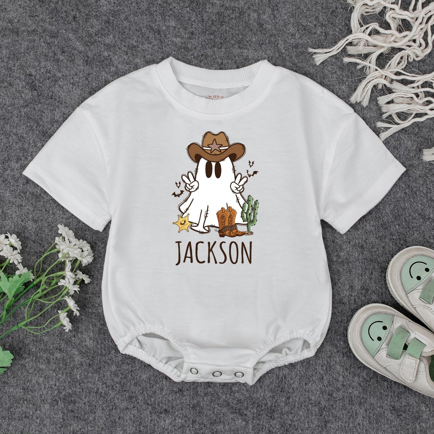 Whimsical Cowboy Ghost Baby Outfit Personalized Halloween Kids Custom Name Bodysuit Fall Toddler Sweatshirt
