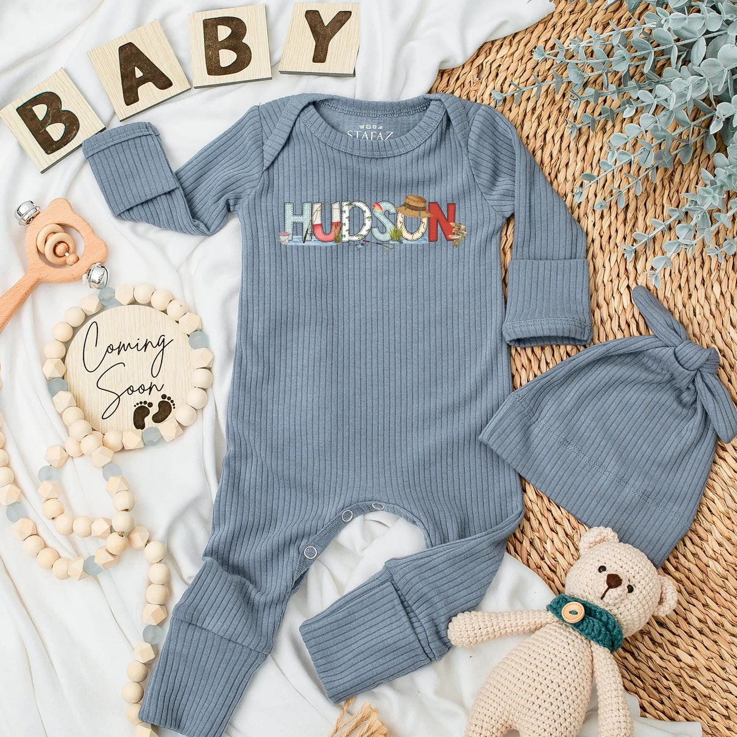 Hudson's Fishing Adventure Bodysuit, Personalized Baby Boy Clothes, Newborn Outfit, Cute Fisherman Gift Set, Coming Home Outfit, Playful Fishing Theme 138