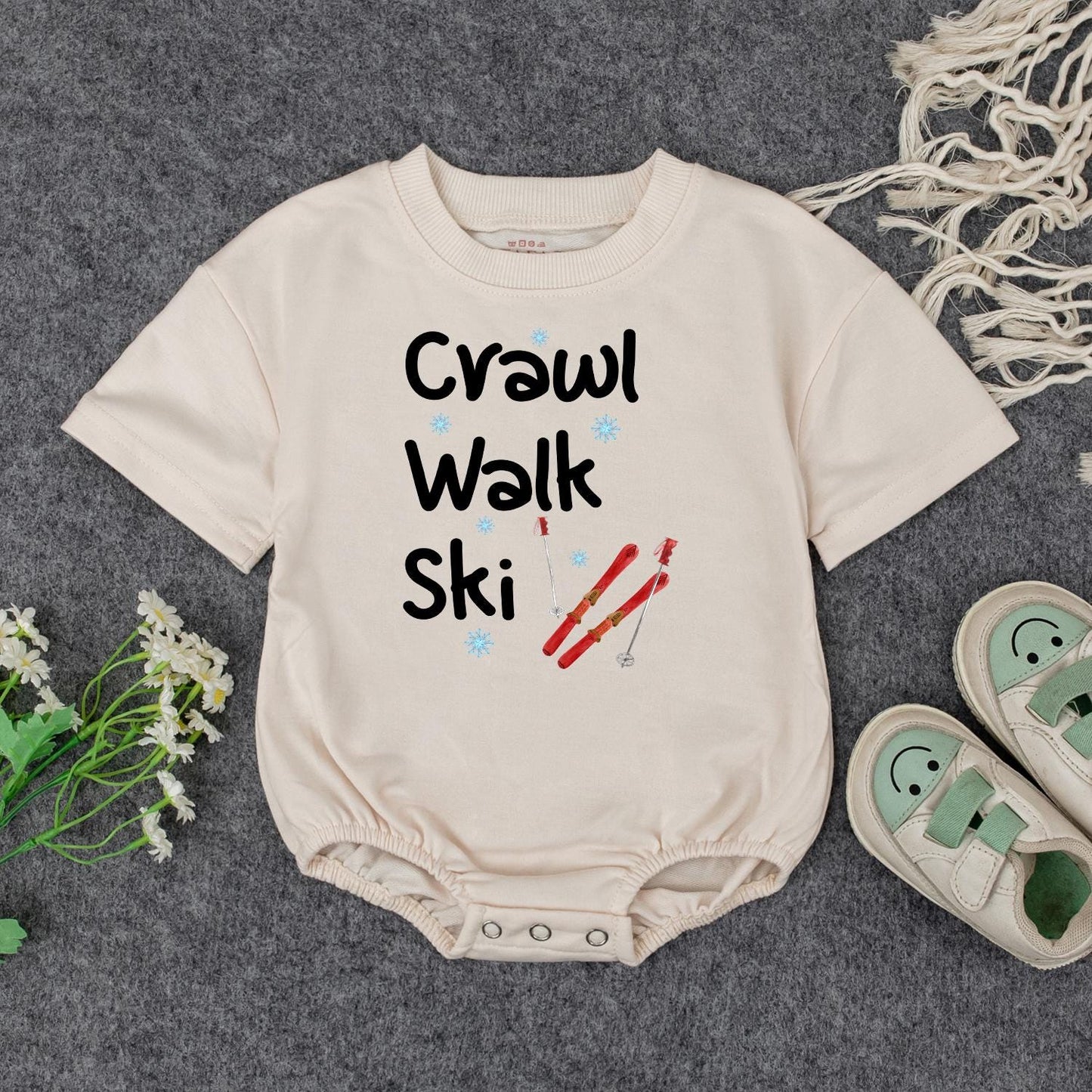 Crawl Walk Ski Baby's First Christmas Bodysuit Outfit, Funny Winter Skiing Clothes for Toddler, Cute Snowflakes Ski Gift, Comfy Cotton Infant Sweatshirt