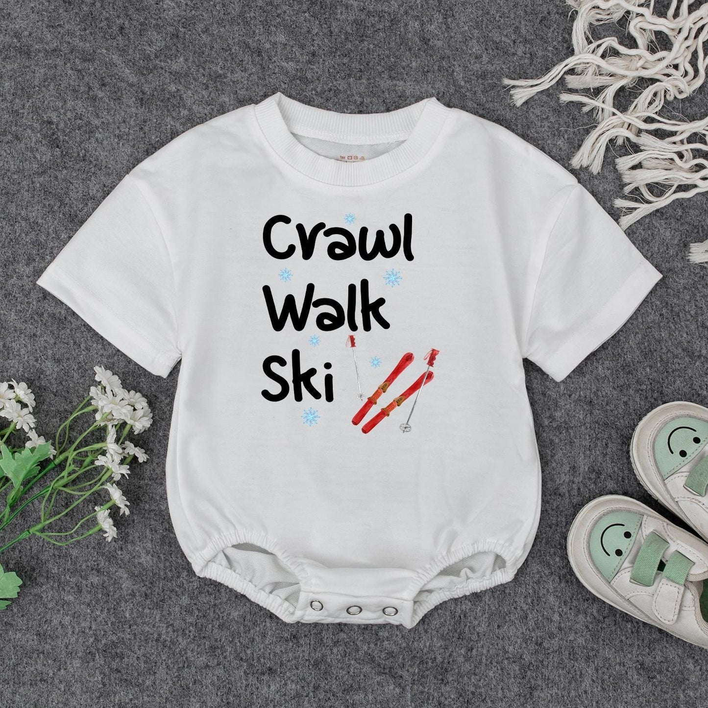 Crawl Walk Ski Baby's First Christmas Bodysuit Outfit, Funny Winter Skiing Clothes for Toddler, Cute Snowflakes Ski Gift, Comfy Cotton Infant Sweatshirt