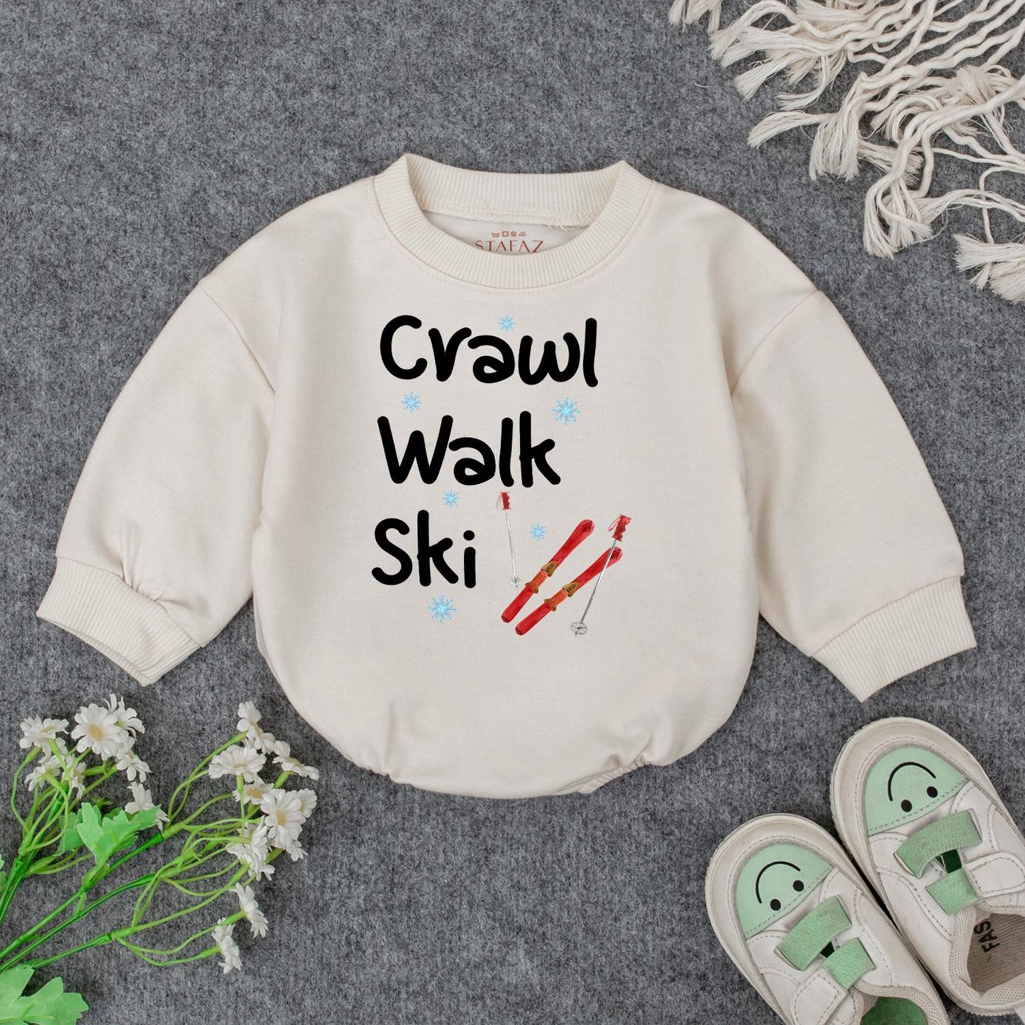 Crawl Walk Ski Baby's First Christmas Bodysuit Outfit, Funny Winter Skiing Clothes for Toddler, Cute Snowflakes Ski Gift, Comfy Cotton Infant Sweatshirt
