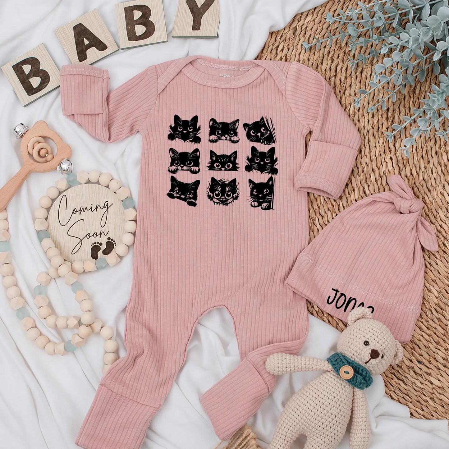 Black Cat Baby Bodysuit, Halloween Newborn Outfit with Cute Cartoon Cat Faces, Funny Baby Shower Gift for Cat Lovers