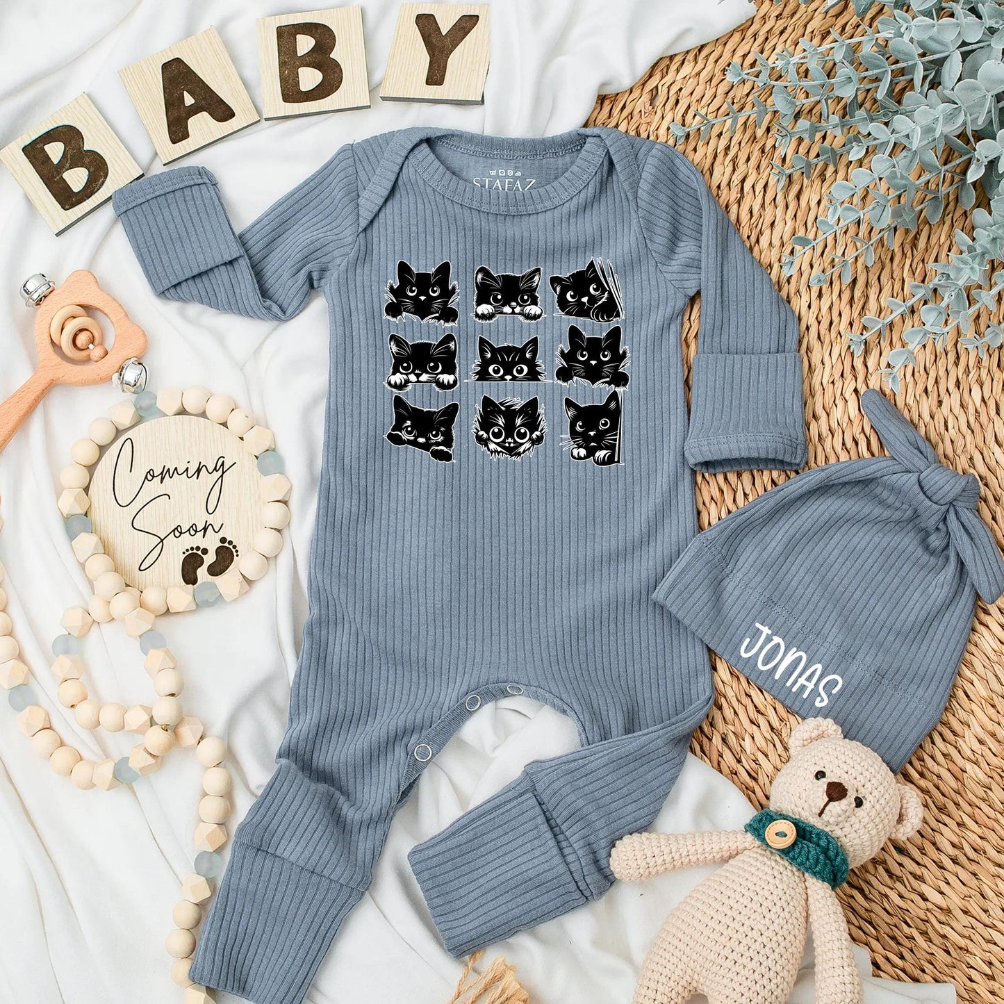 Black Cat Baby Bodysuit, Halloween Newborn Outfit with Cute Cartoon Cat Faces, Funny Baby Shower Gift for Cat Lovers