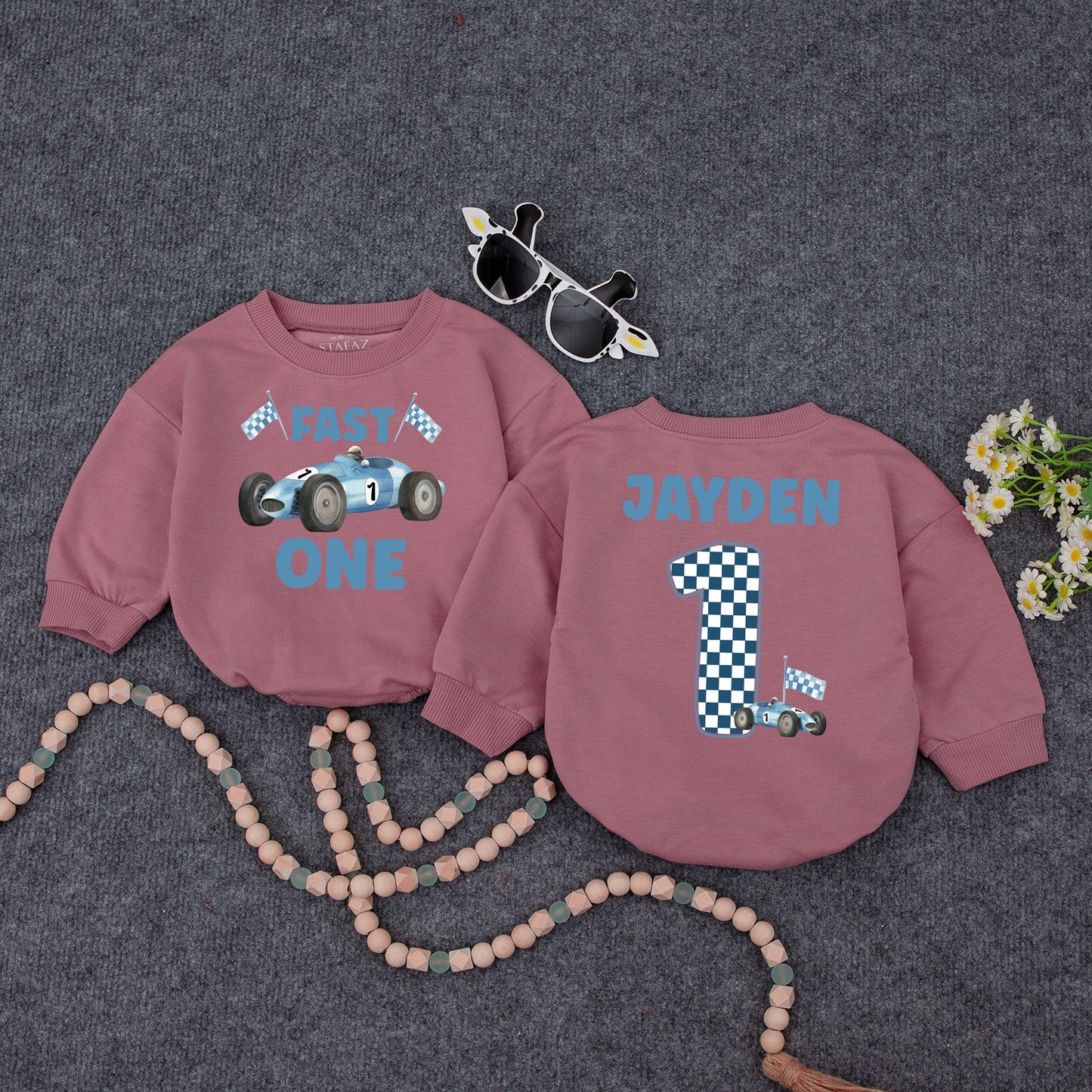 Jayden's Fast One Race Car 1st Birthday Outfit! Custom Name Racing Sweatshirt, Blue & White Checkered First Birthday Party Clothes for a Boy (137 chars)