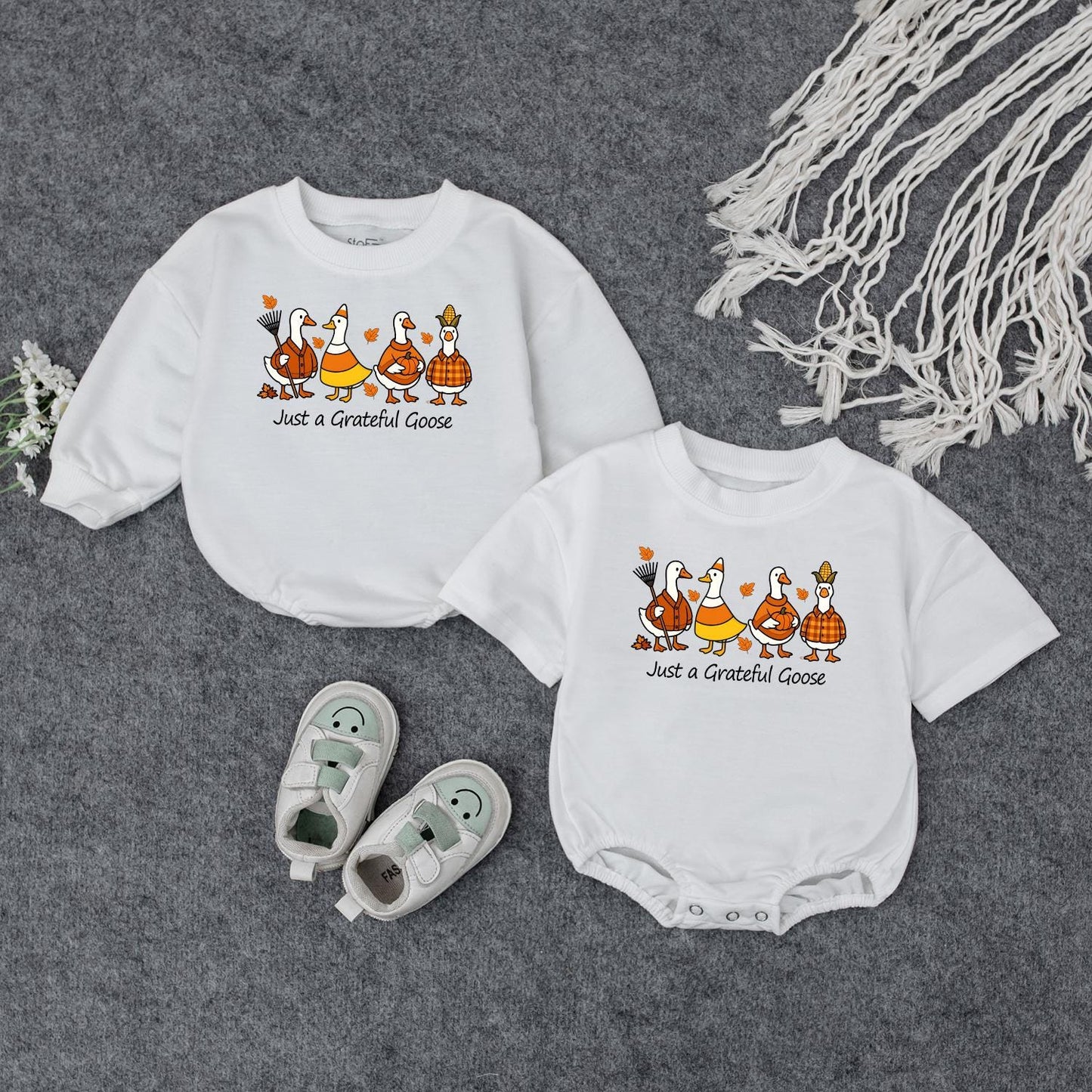 Just a Grateful Goose Baby Sweatshirt Adorable Fall Thanksgiving Toddler Outfit Autumn Geese Kids Clothing Cute Whimsical Pumpkin Design