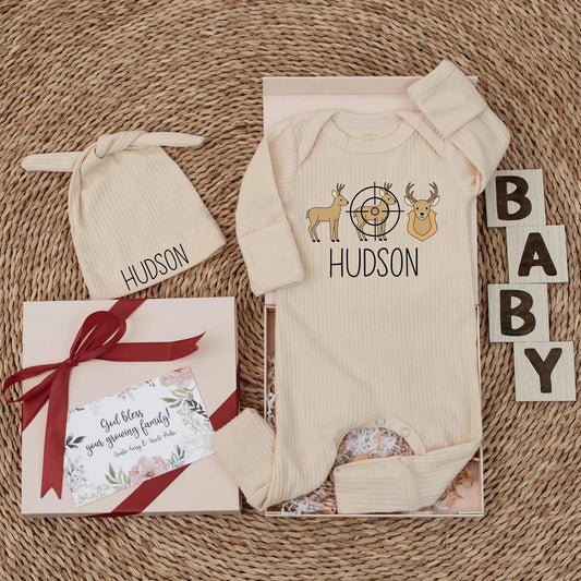 Hudson Deer Target Hunting Baby Bodysuit Tan Brown Black Newborn Outfit Gift