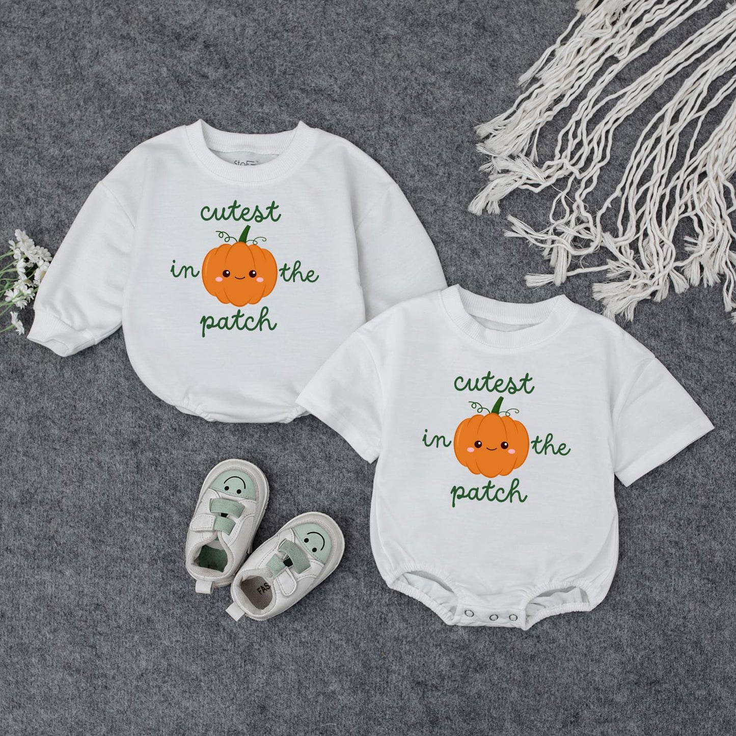 Adorable Baby Fall Pumpkin Sweatshirt Cutest In The Patch Smiling Orange Pumpkin Whimsical Green Text Toddler Autumn Halloween Gift
