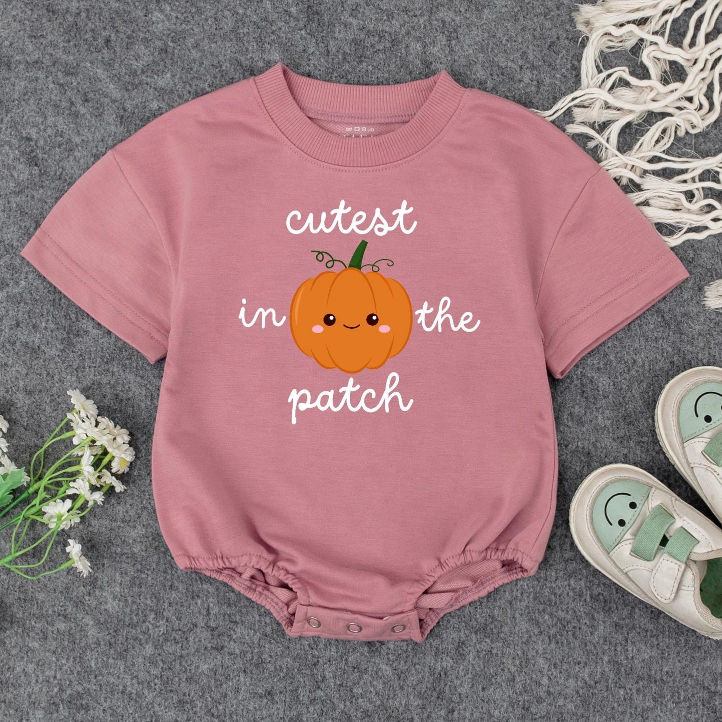 Adorable Baby Fall Pumpkin Sweatshirt Cutest In The Patch Smiling Orange Pumpkin Whimsical Green Text Toddler Autumn Halloween Gift
