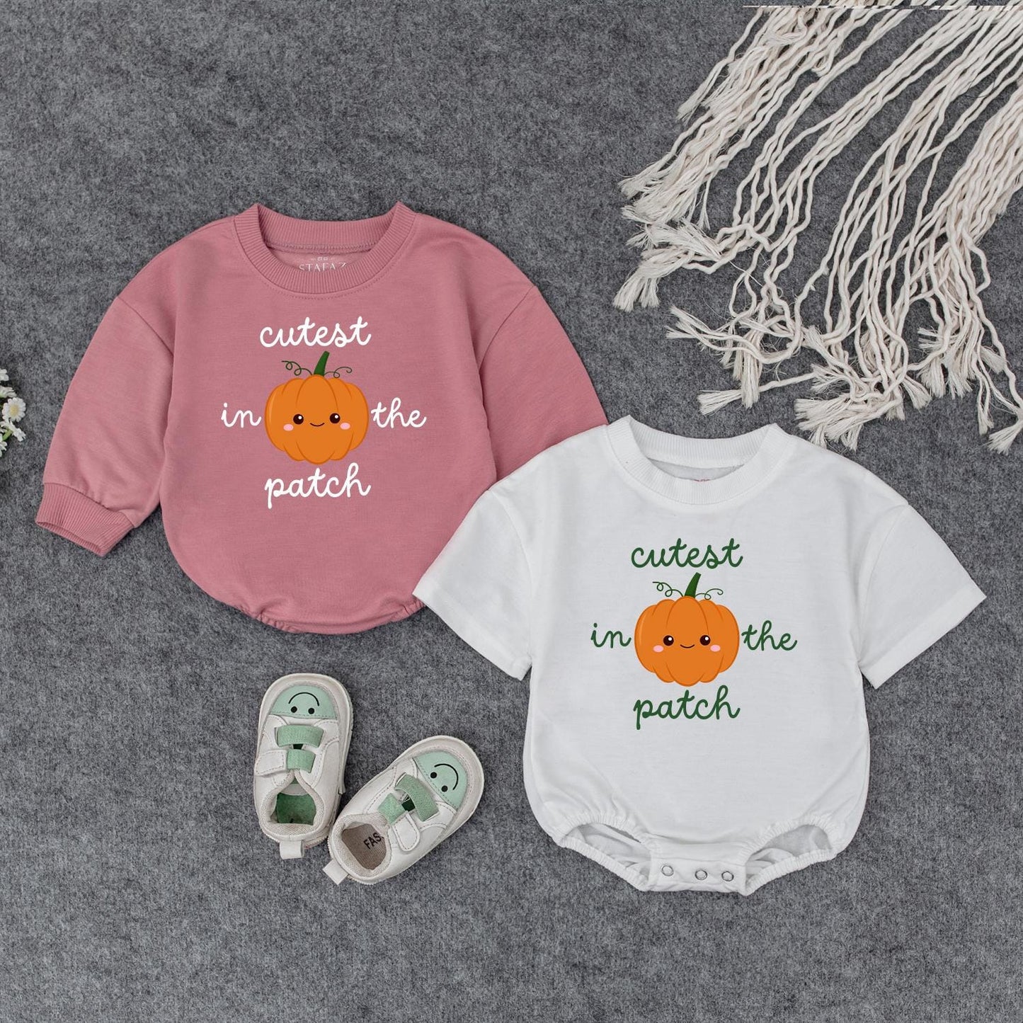 Adorable Baby Fall Pumpkin Sweatshirt Cutest In The Patch Smiling Orange Pumpkin Whimsical Green Text Toddler Autumn Halloween Gift