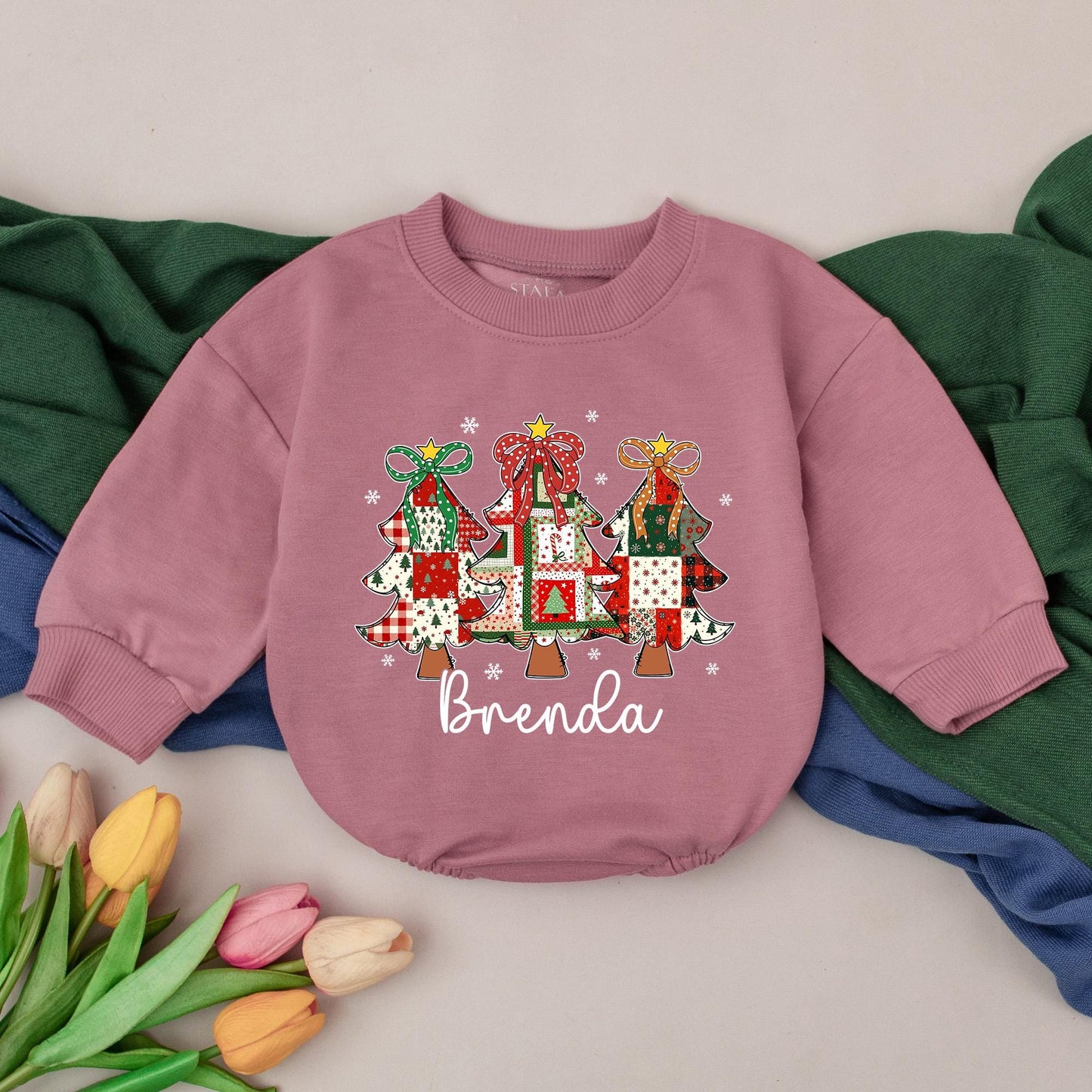 Personalized First Christmas Romper, Brenda's Patchwork Tree Outfit, Custom Xmas Bodysuit, Retro Holiday Gift, Baby Girl Clothes, Unique Shower Present (138 chars)