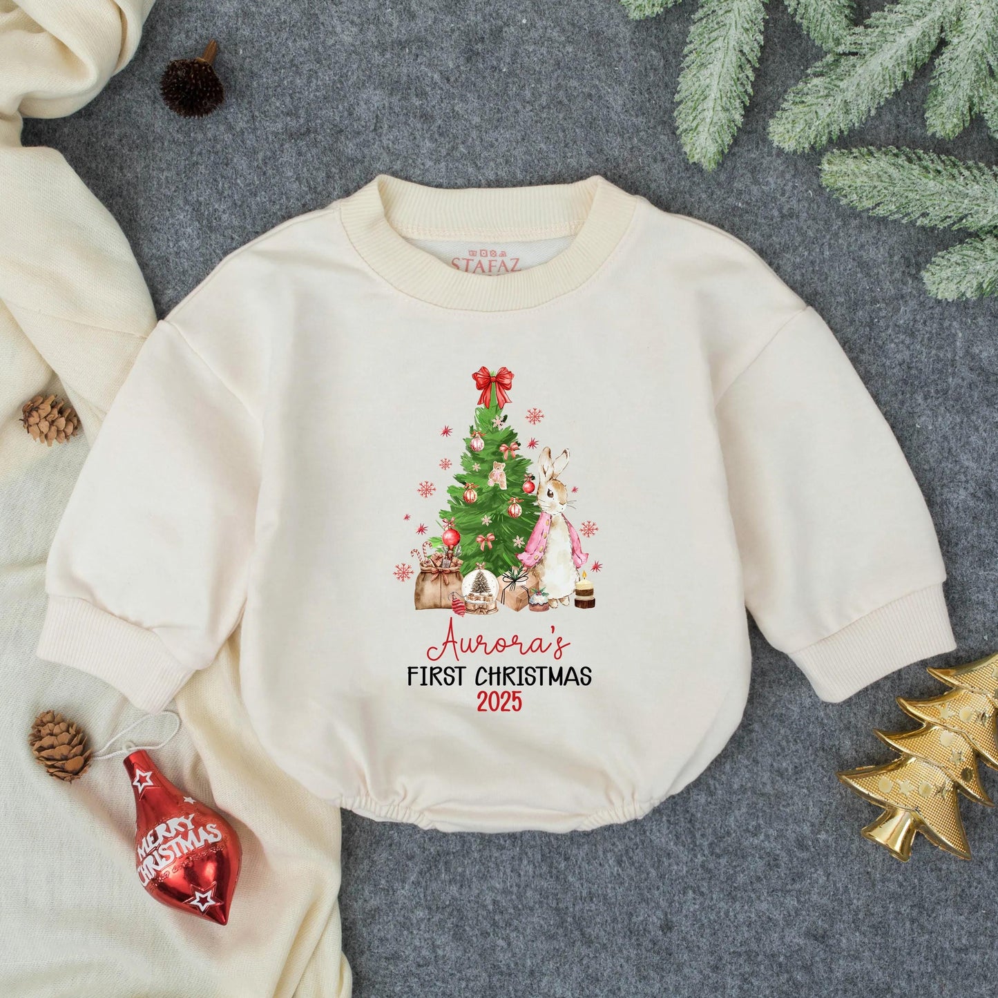 Personalized Baby Girl Christmas Bubble Romper Cute Bunny Tree Design Aurora's First Christmas 2025 Holiday Toddler Infant Soft Winter Gift