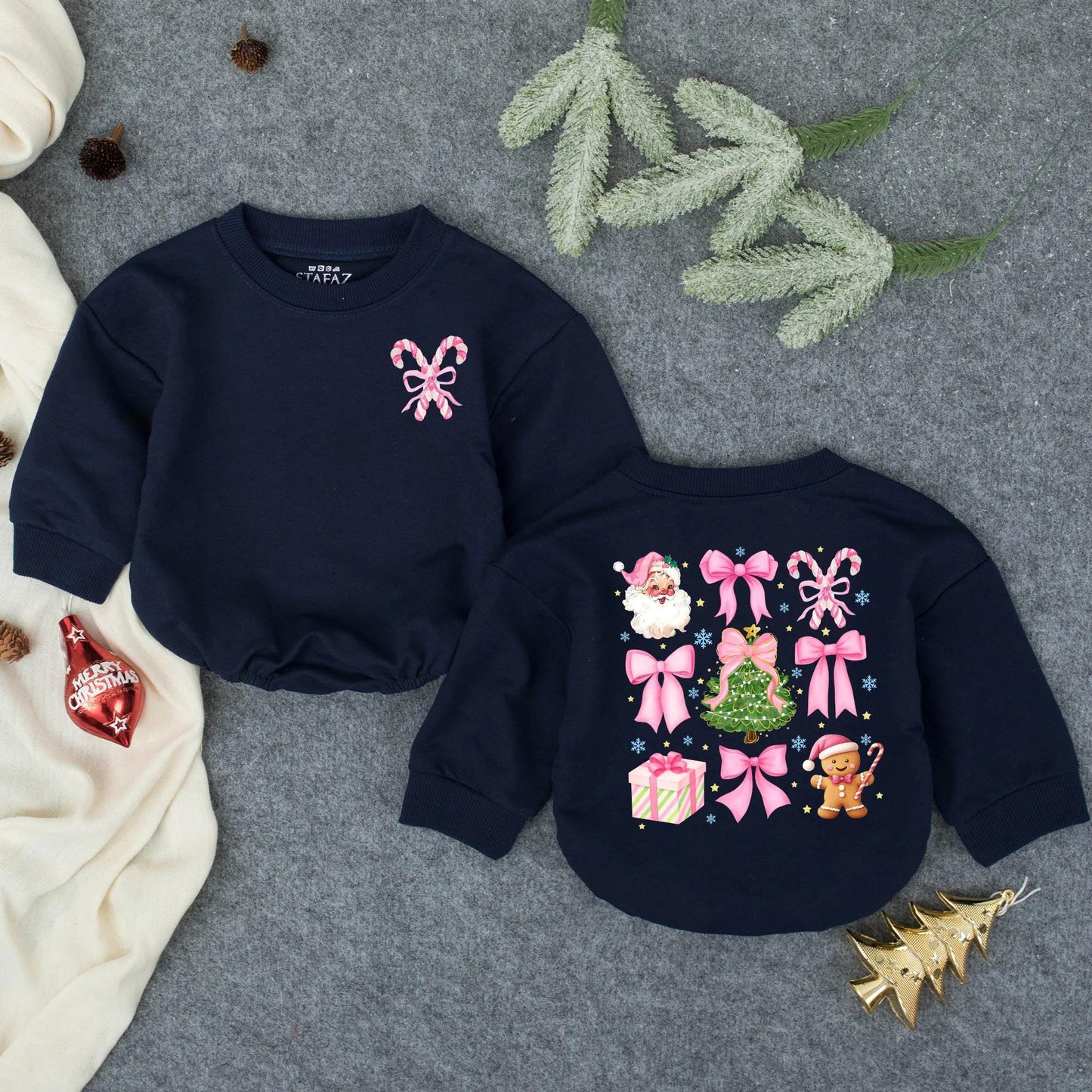 Pink Christmas Bow Bubble Romper for Baby Girl with Santa Claus Trees Gingerbread Men & Candy Cane Design Perfect First Christmas Gift
