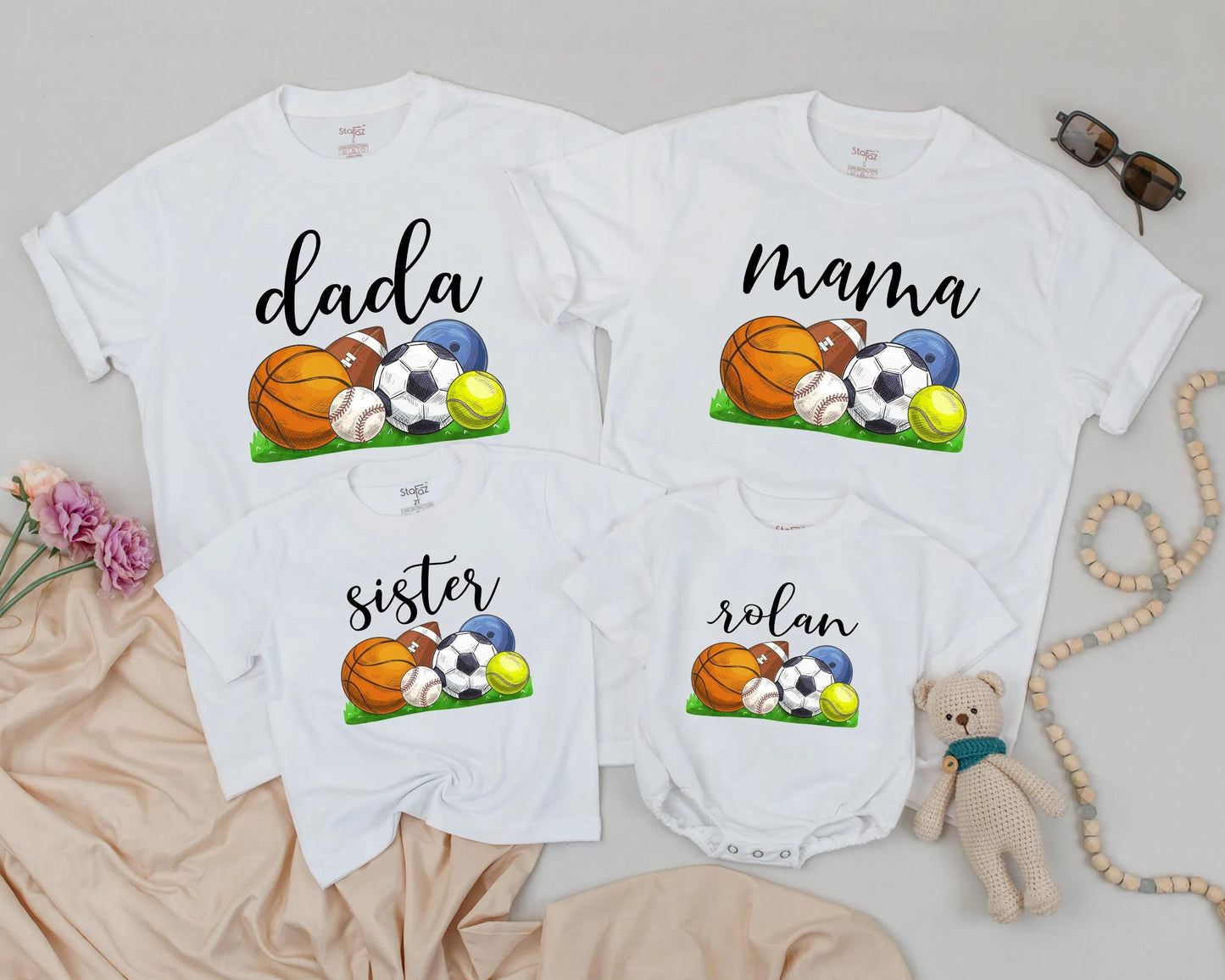 Custom Name Matching Family Sports Birthday Shirts Playful Ball Game Theme First Birthday Outfit Soft Cotton Tees for Everyone