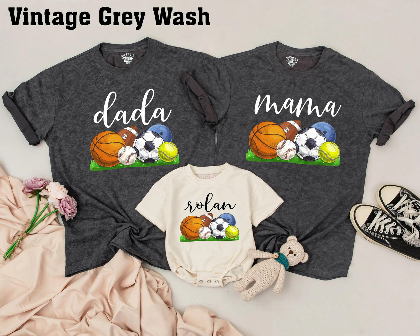 Custom Name Matching Family Sports Birthday Shirts Playful Ball Game Theme First Birthday Outfit Soft Cotton Tees for Everyone
