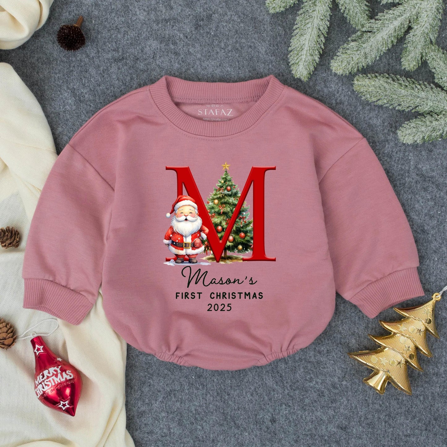 Personalized "M" Santa Christmas Bubble Romper My First Christmas 2025 Baby Gift Red Green Gold Festive Toddler