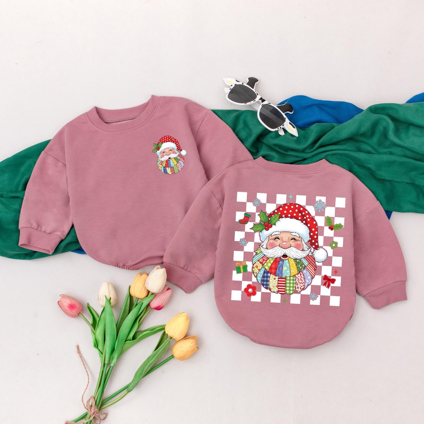 Personalized Patchwork Santa Claus Romper for Baby's First Christmas, Custom Name Xmas Bodysuit, Retro Baby Girl Outfit, Holiday Gift (139 chars)