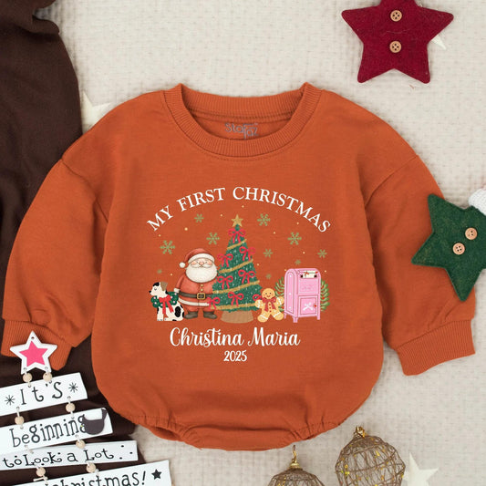 Personalized My First Christmas Baby Bubble Romper Christina Maria 2025 Festive Holiday Infant Toddler Santa Tree Gingerbread Dog Outfit
