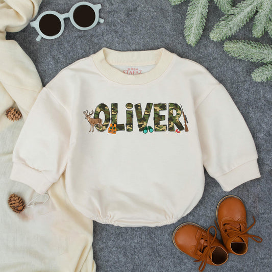 Personalized Baby Hunting Bodysuit with Green Brown Camo Name Playful Deer Rifle Graphics Toddler Romper Sweatshirt First Birthday Shower Gift