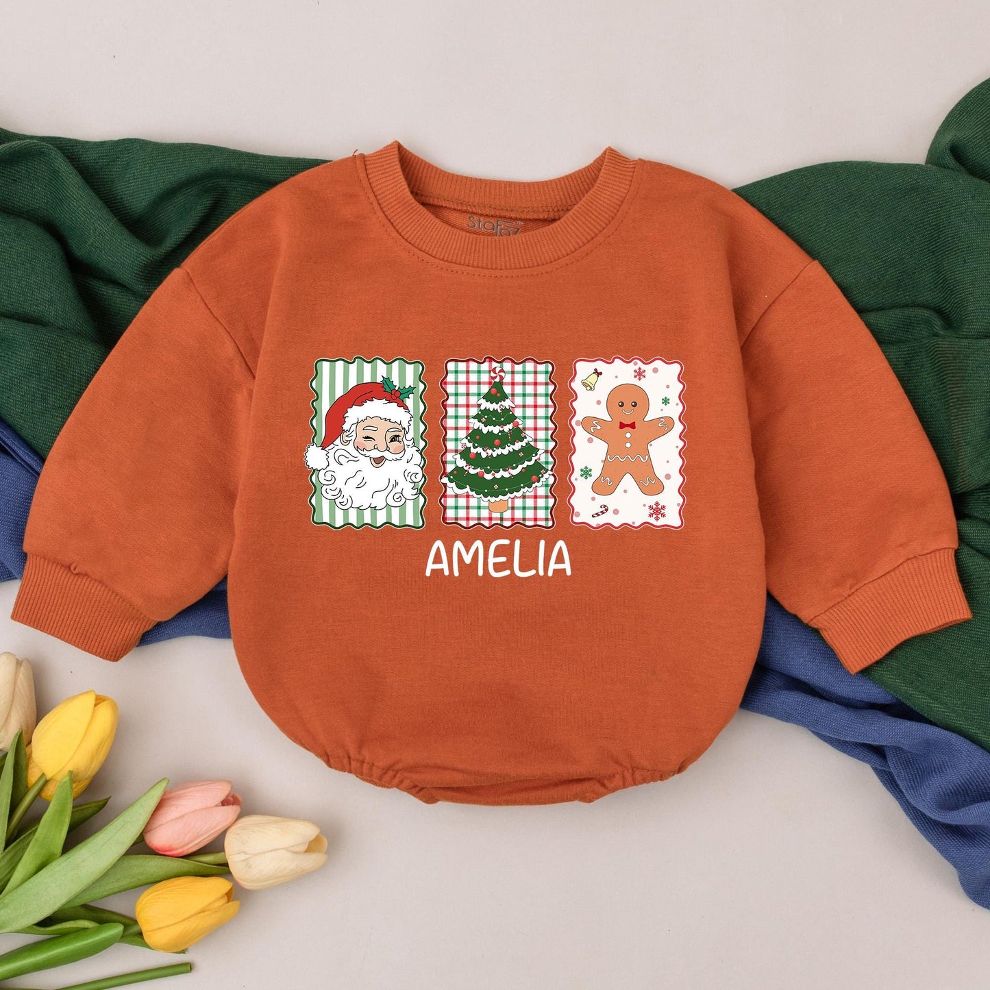 Personalized Retro Christmas Baby Romper, Winking Santa Outfit, Custom AMELIA Bodysuit, First Xmas Gift, Gingerbread Man Holiday Clothes 139chars