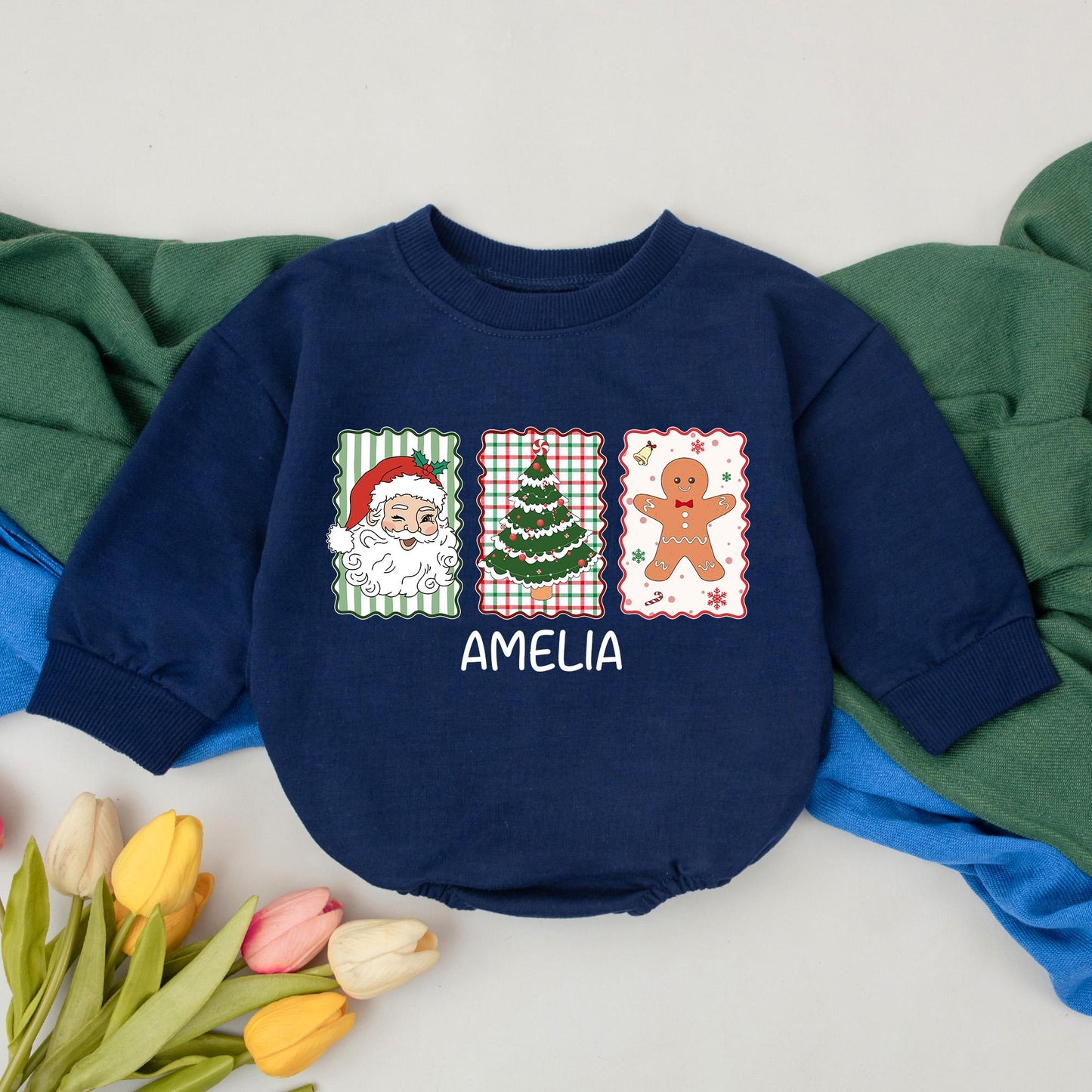 Personalized Retro Christmas Baby Romper, Winking Santa Outfit, Custom AMELIA Bodysuit, First Xmas Gift, Gingerbread Man Holiday Clothes 139chars