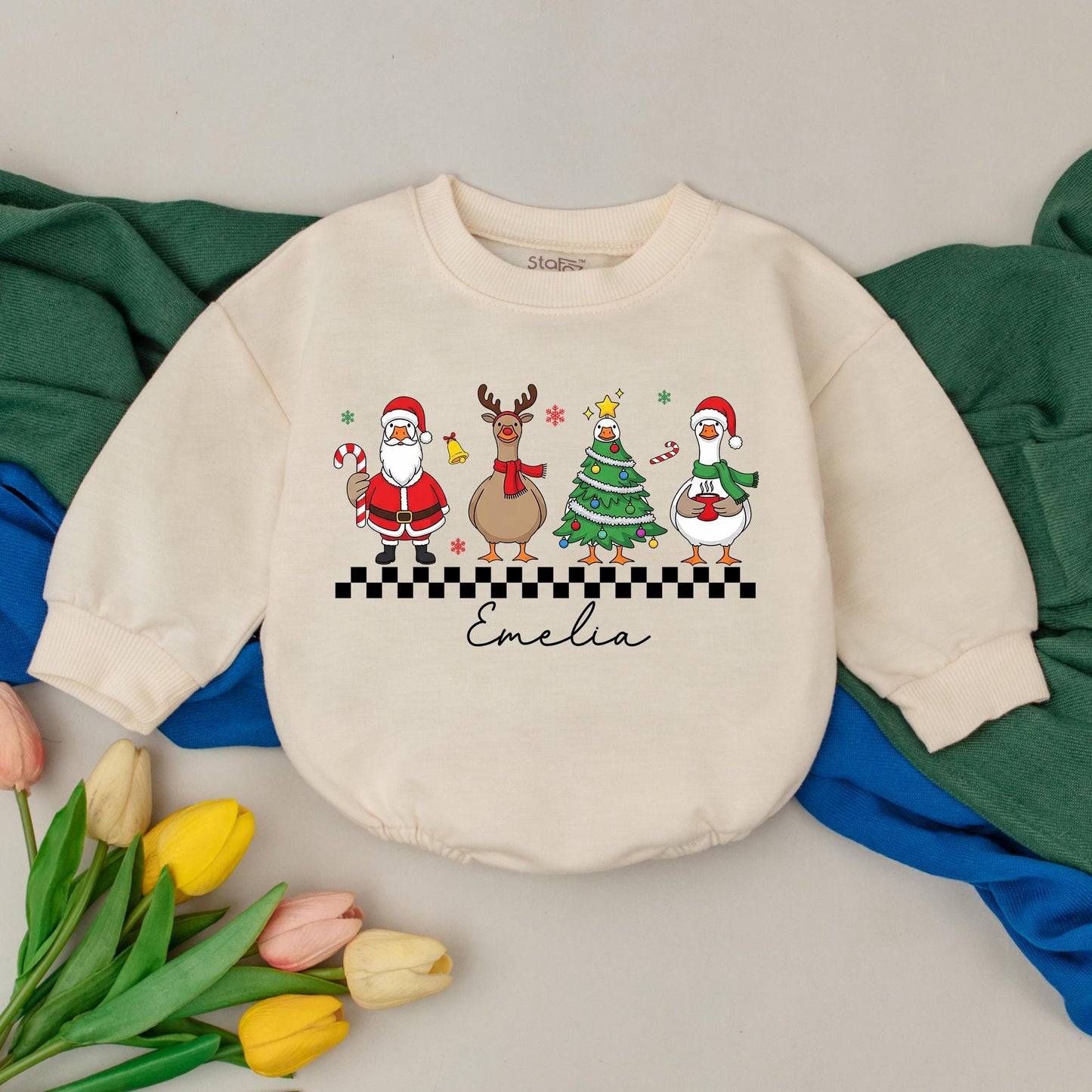 Personalized Christmas Goose Romper for Baby Girl, Cute Holiday Outfit with Cartoon Santa, Reindeer & Tree, Custom Name First Xmas Clothes (139 chars)