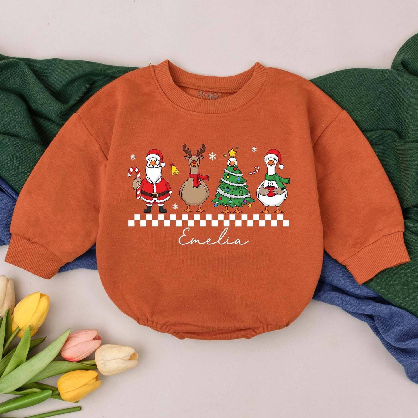 Personalized Christmas Goose Romper for Baby Girl, Cute Holiday Outfit with Cartoon Santa, Reindeer & Tree, Custom Name First Xmas Clothes (139 chars)