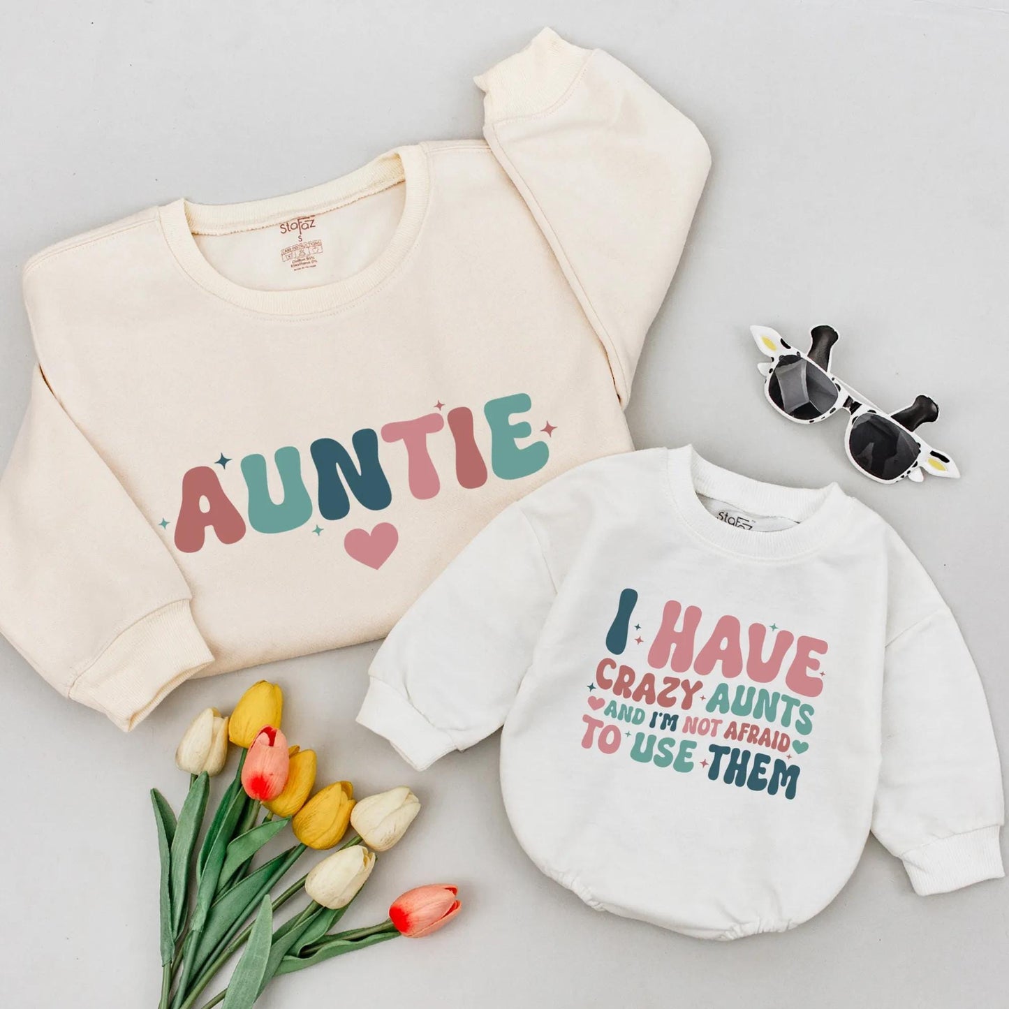 Retro Auntie & Crazy Aunts Matching Sweatshirt Set: Whimsical Aunt Nephew Gift for Baby Announcement & Shower, Pink Teal Navy Stars Hearts Design (139 chars)