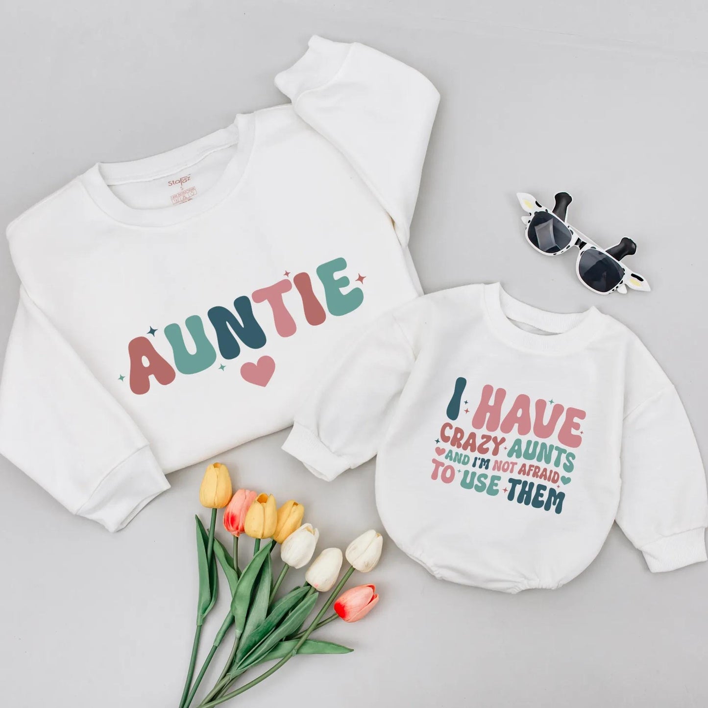 Retro Auntie & Crazy Aunts Matching Sweatshirt Set: Whimsical Aunt Nephew Gift for Baby Announcement & Shower, Pink Teal Navy Stars Hearts Design (139 chars)