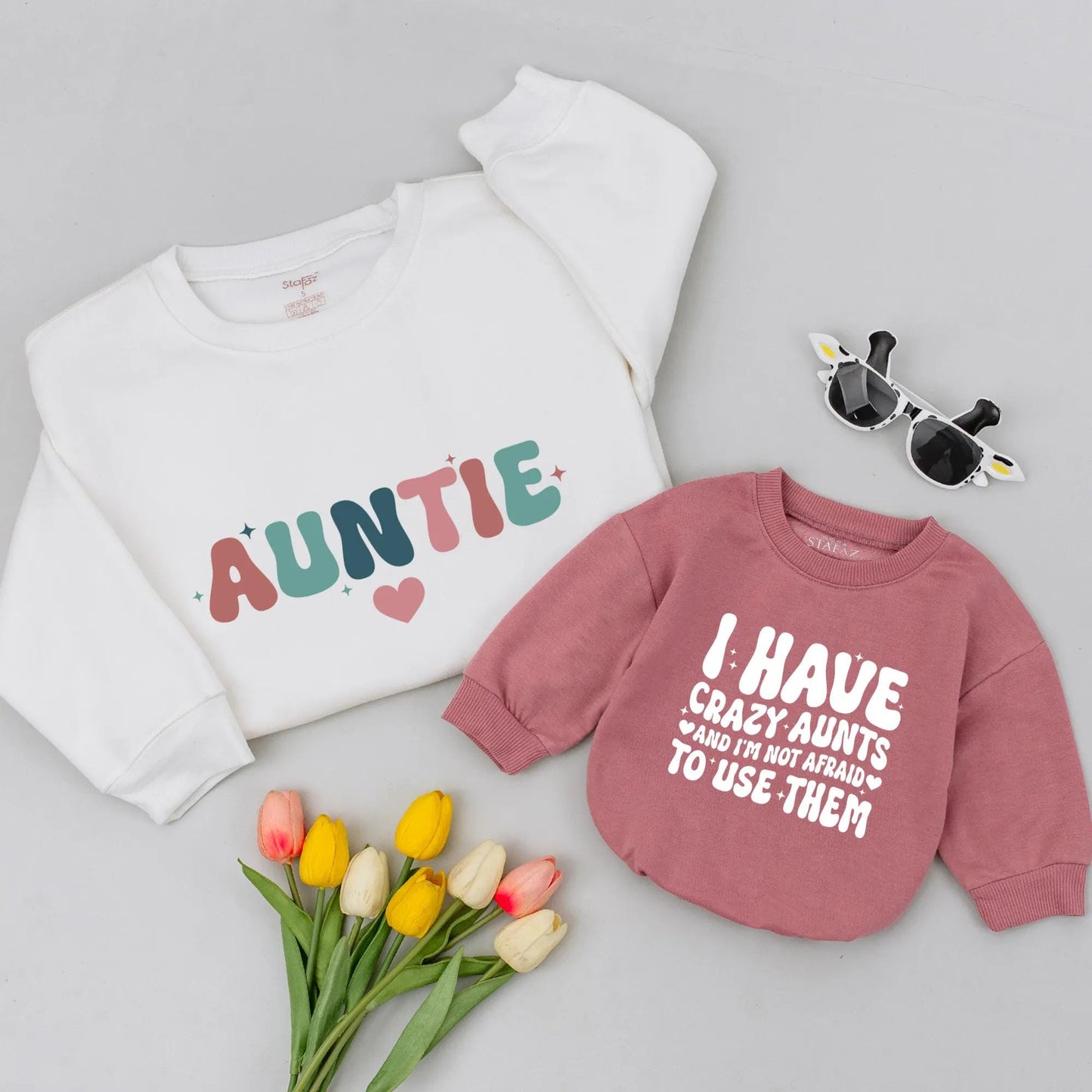 Retro Auntie & Crazy Aunts Matching Sweatshirt Set: Whimsical Aunt Nephew Gift for Baby Announcement & Shower, Pink Teal Navy Stars Hearts Design (139 chars)