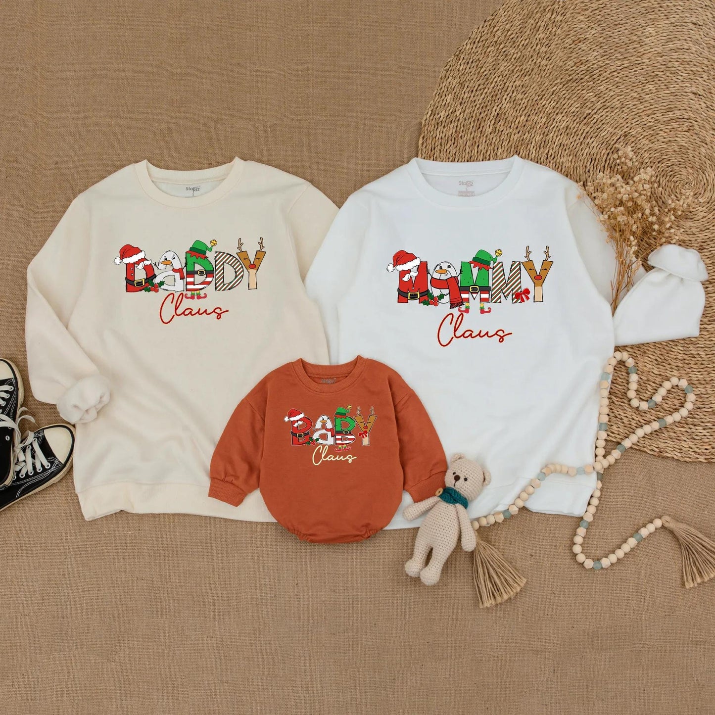 Matching Family Christmas Claus Shirts with Festive Character Letter Designs like Santa Elf Reindeer for Daddy Mommy Baby, Fun Holiday Sweatshirt Outfit