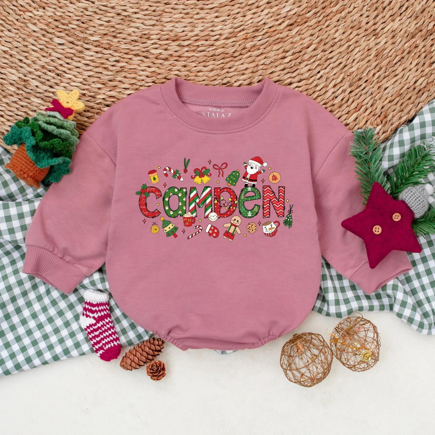 Personalized Baby Boy Christmas Romper My 1st Christmas Holiday Bodysuit Whimsical Festive Design with Santa Candy Canes Trees Ornaments