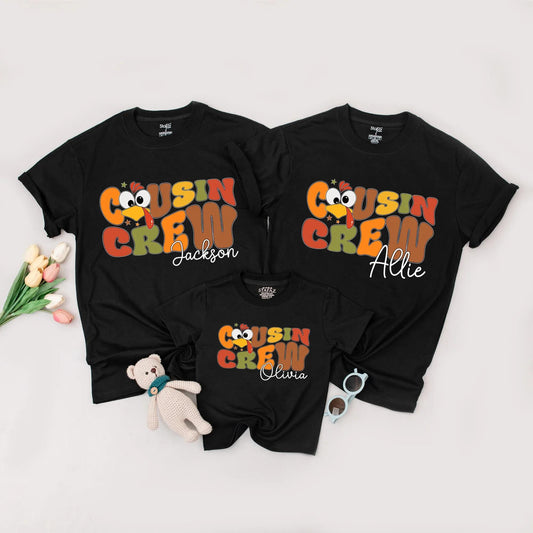 Personalized Cousin Crew Thanksgiving Matching Shirt with Names Retro Bubbly Turkey Design Star Accents Warm Palette Family Dinner Holiday Gift