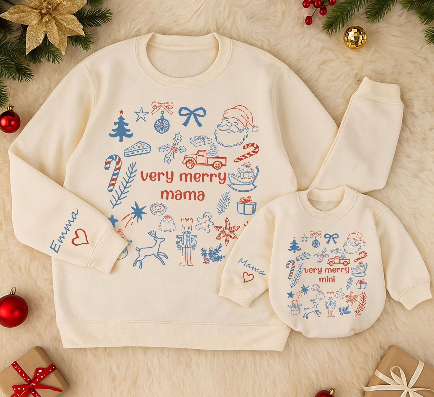 Personalized Very Merry Mama and Mini Matching Christmas Sweatshirts, Red and Blue Mom Daughter Holiday Outfits with Playful Hand-Drawn Icons