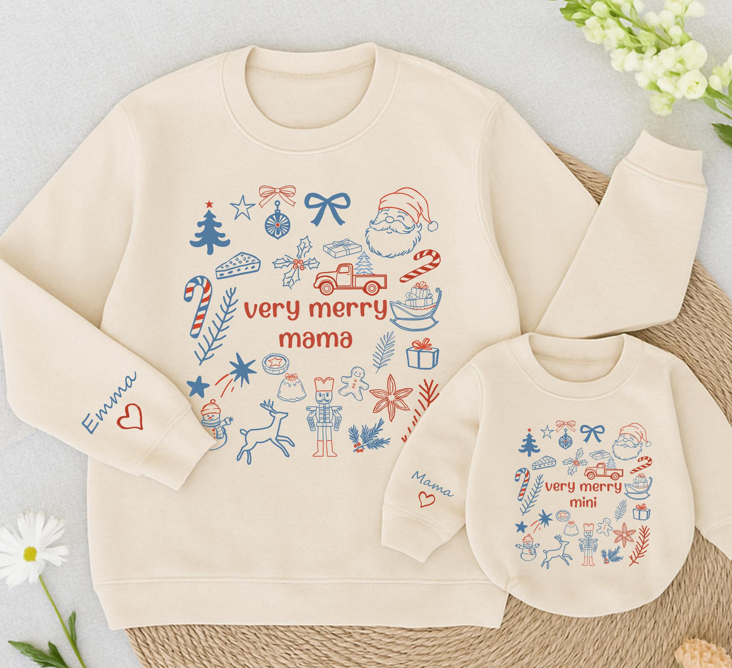 Personalized Very Merry Mama and Mini Matching Christmas Sweatshirts, Red and Blue Mom Daughter Holiday Outfits with Playful Hand-Drawn Icons