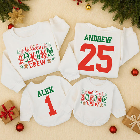 Holiday Baking Crew Matching Family Sweatshirts, Custom Christmas Outfits, Personalized Name Number Cookie Romper, Festive Christmas Tree Gingerbread  (139 chars)