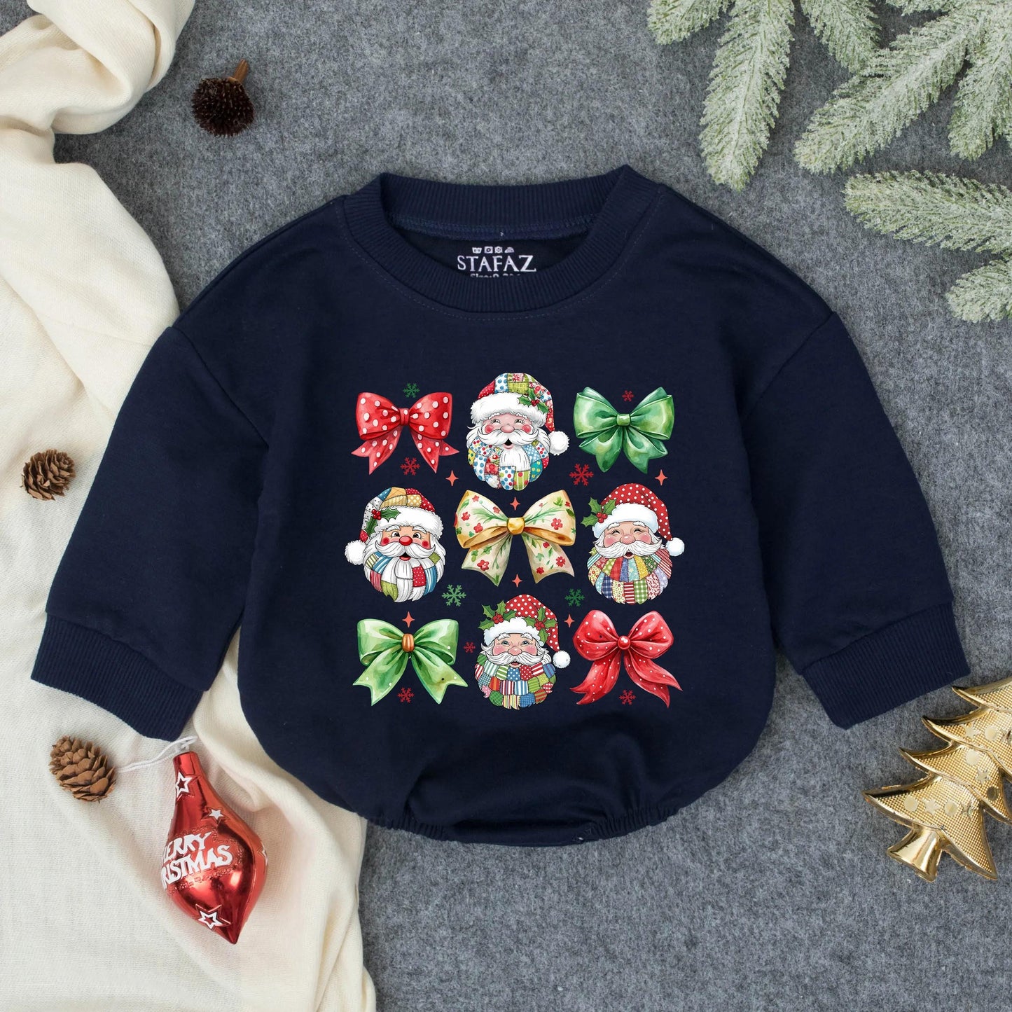 Patchwork Santa Claus Baby Bubble Romper Retro Christmas Vintage Holiday Infant Toddler Outfit Festive Shower Gift