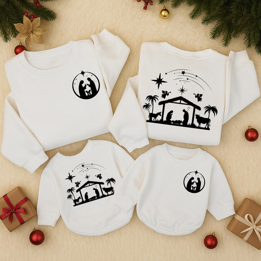 Oh Holy Night Nativity Scene Sweatshirt Simple Illustrative Christian Christmas Jesus Baby Birth Simple Art Christian Gift Cozy Holiday Wear