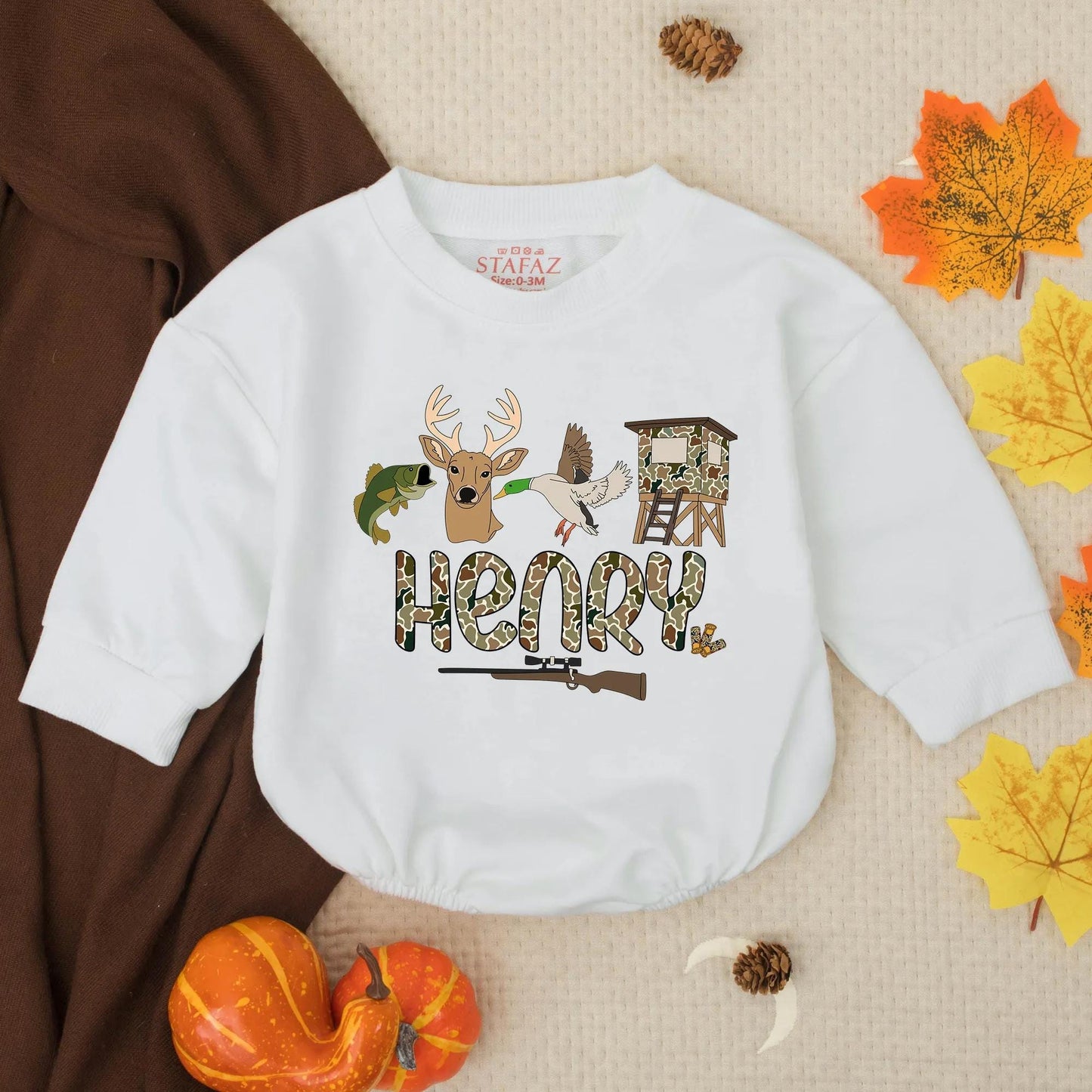 Personalized Lil' Hunter Romper: Custom Name Camo Baby Outfit with Bass, Deer & Duck Design, Outdoorsy Infant Clothes Gift for Baby Shower (139 chars)