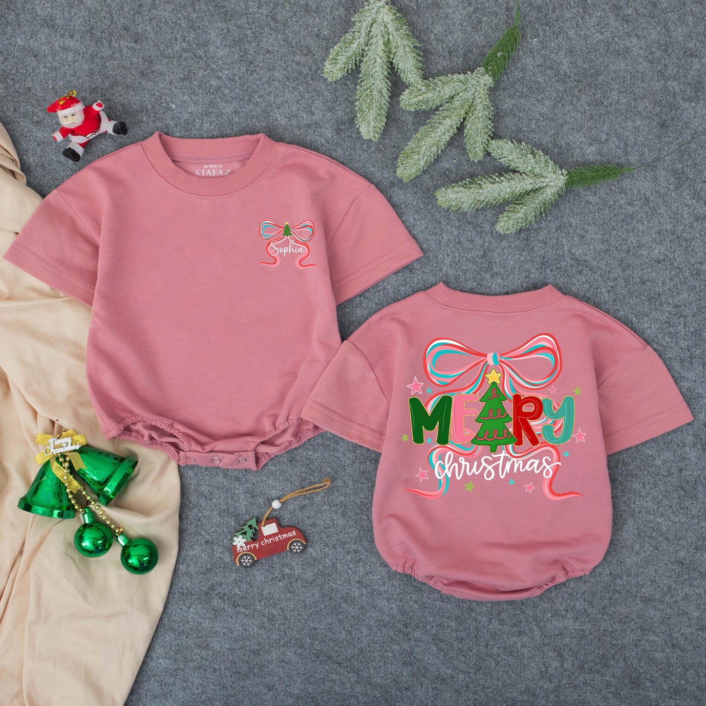 Personalized Baby Girl Christmas Bubble Romper, Festive Tree Outfit for First Christmas, Sophia's Gift, Merry Christmas Star Accents