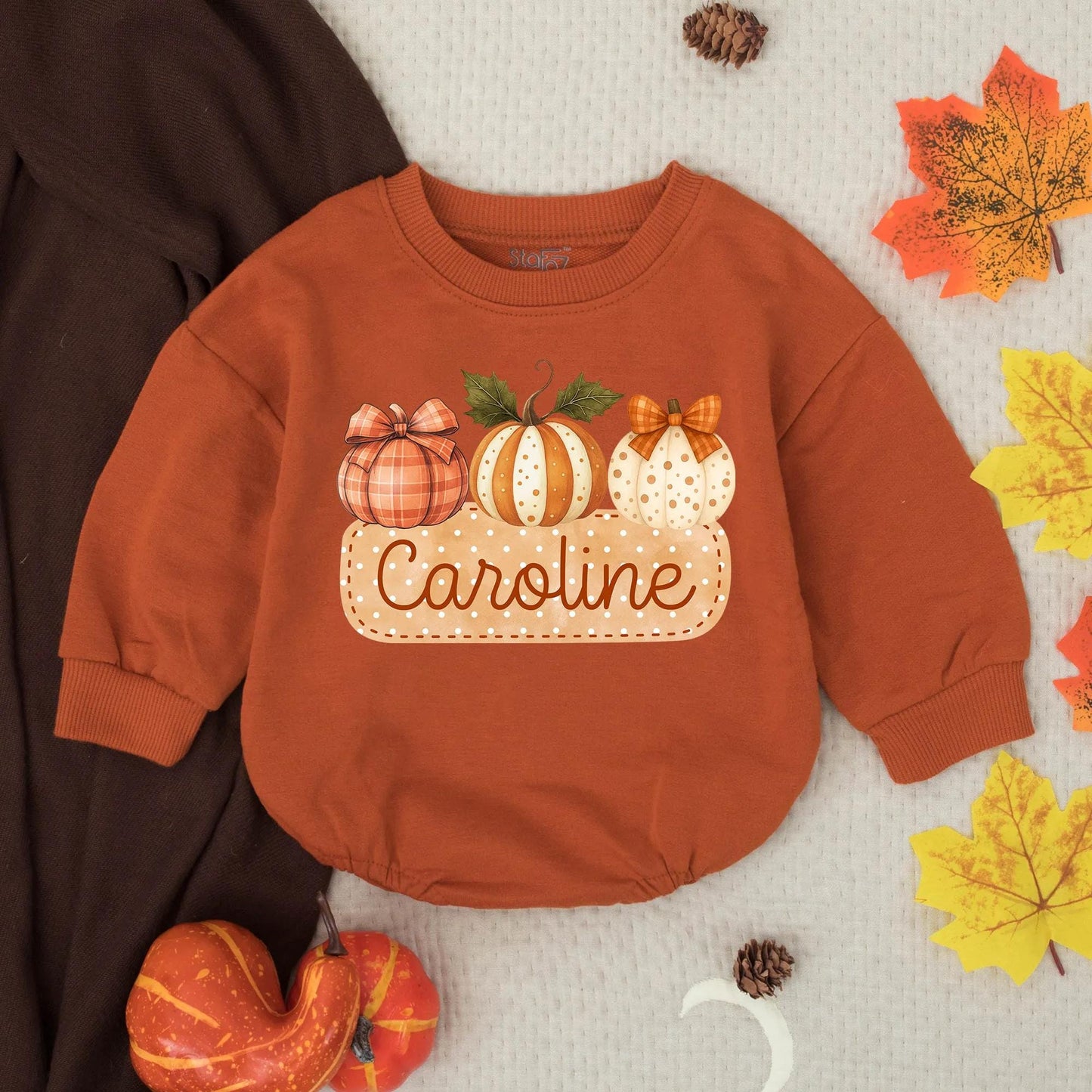 Personalized Name Girls Fall Pumpkin Bubble Romper with Cute Autumn Plaid Striped Polka Dot Pumpkins Ribbons Thanksgiving Baby Toddler Outfit Gift