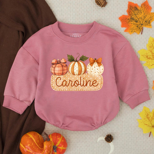 Personalized Name Girls Fall Pumpkin Bubble Romper with Cute Autumn Plaid Striped Polka Dot Pumpkins Ribbons Thanksgiving Baby Toddler Outfit Gift