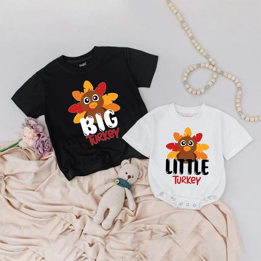 Custom Matching Big Little Turkey Sibling Kids Outfit with Playful Cartoon Turkeys Colorful Red Orange Yellow Feathers Thanksgiving Gift