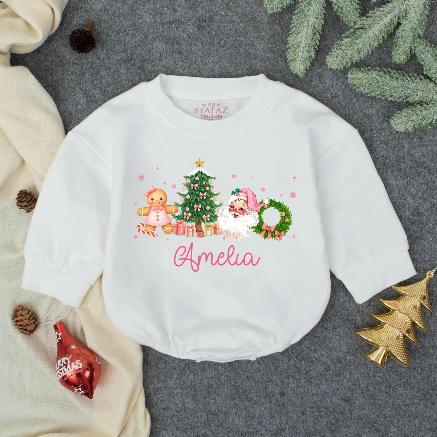 Amelia's Merry Christmas Baby Girl Romper, Pink Gingerbread & Snowflake Design, First Christmas Outfit, Personalized Toddler Gift