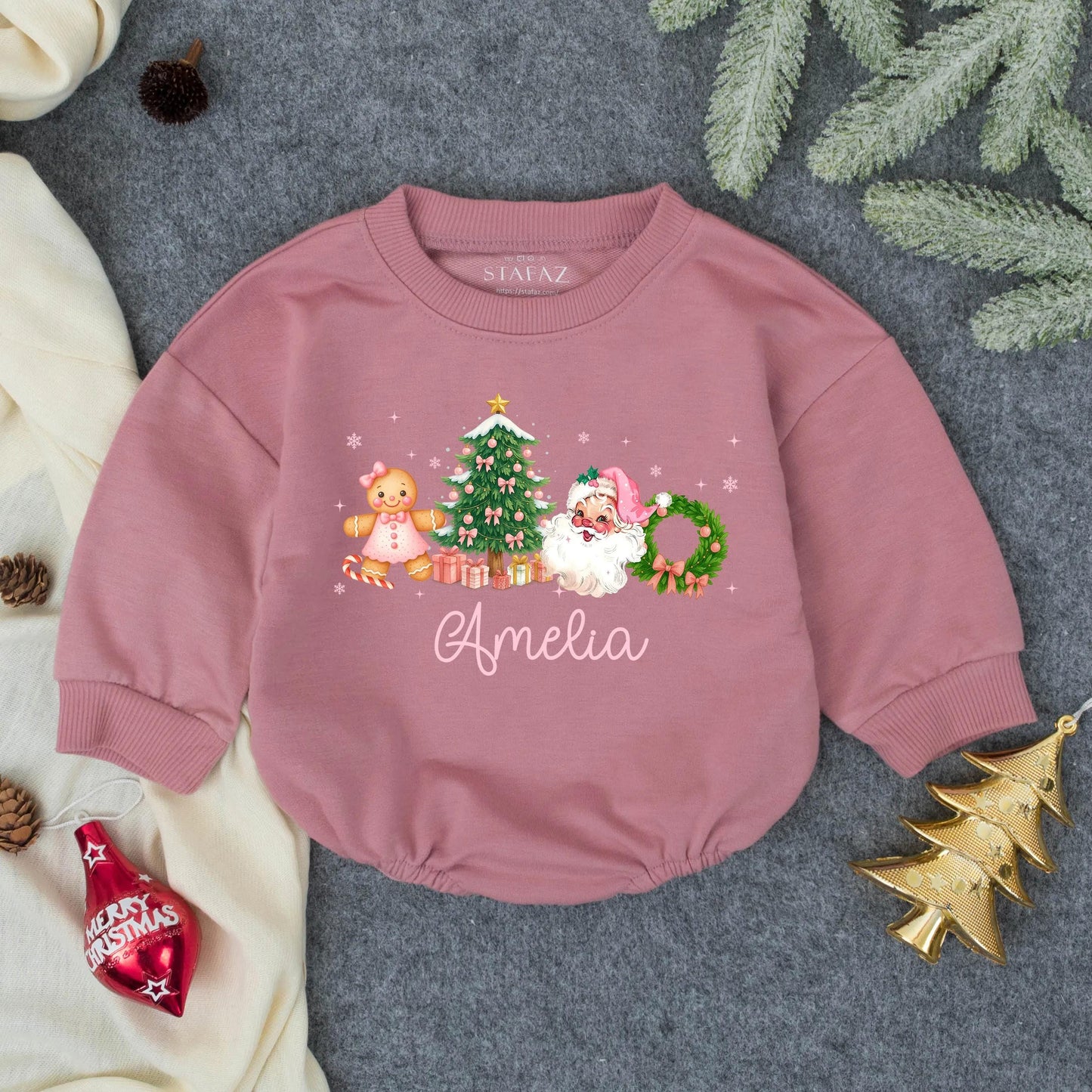 Amelia's Merry Christmas Baby Girl Romper, Pink Gingerbread & Snowflake Design, First Christmas Outfit, Personalized Toddler Gift