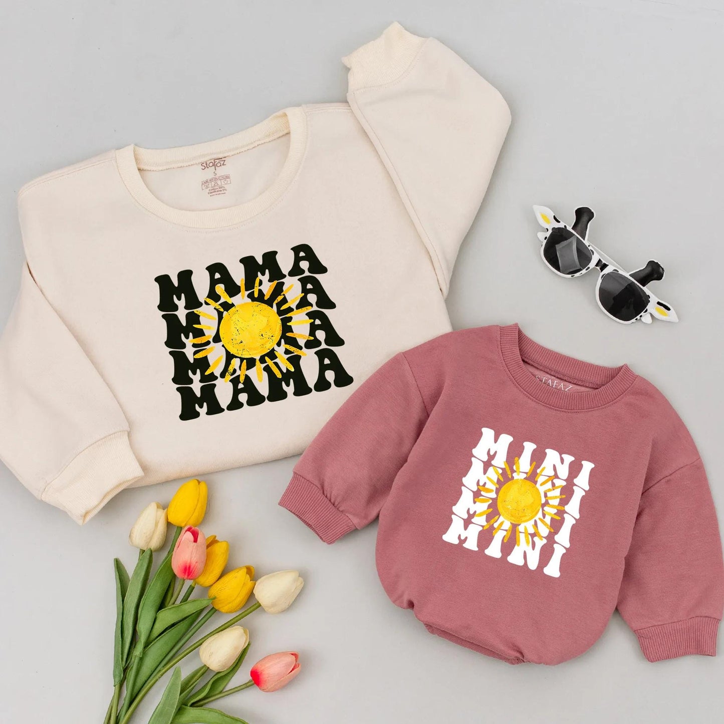 Mama Mini Sunshine Sweatshirt Set Matching Retro Mother Daughter Outfits Cute Sunshine Gift for Mom Mama