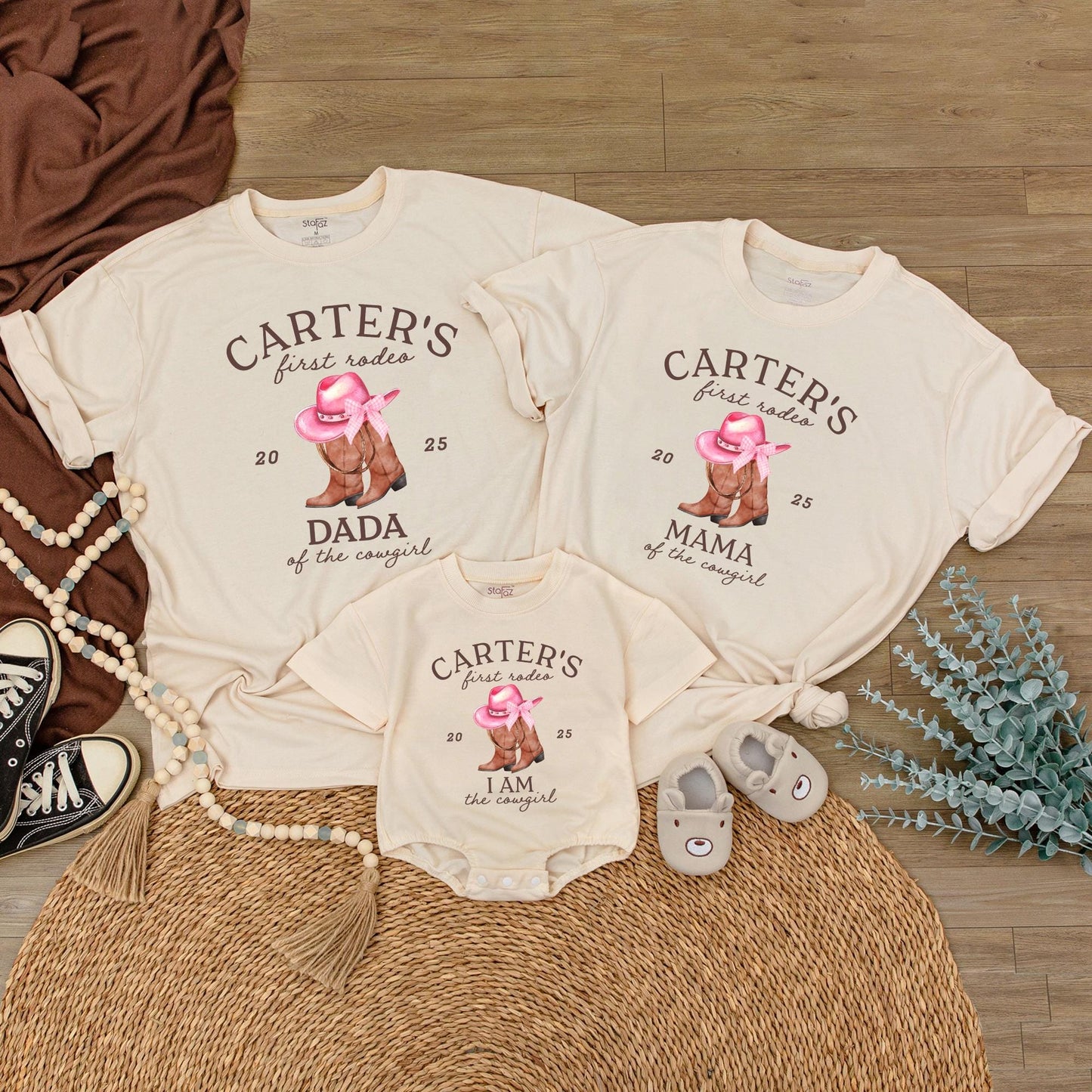 Custom First Rodeo Birthday Shirt Matching Family Outfit Baby Cowgirl Western Boots Pink Hat Party Celebration Gift