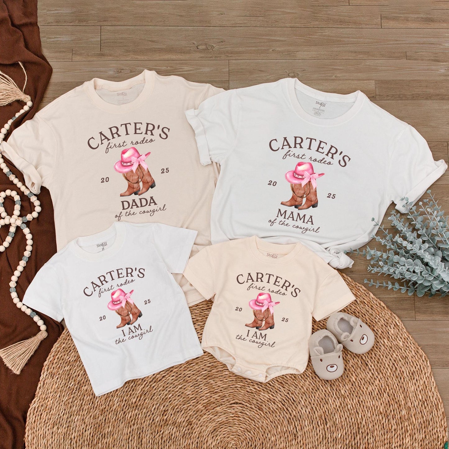 Custom First Rodeo Birthday Shirt Matching Family Outfit Baby Cowgirl Western Boots Pink Hat Party Celebration Gift