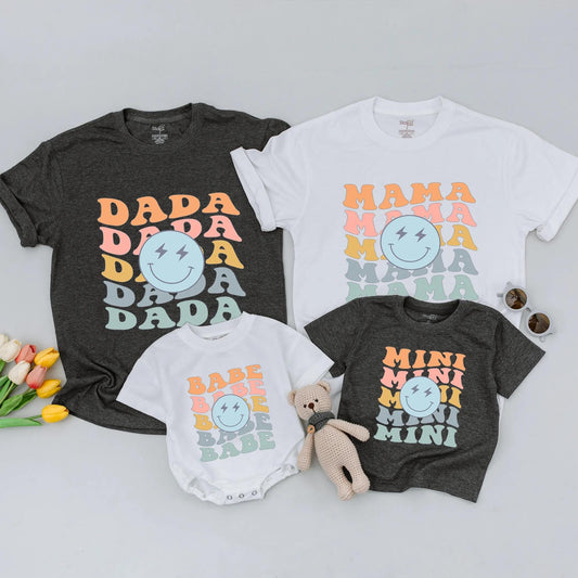 Matching Family 1st Birthday Shirts Retro One Happy Dude Bolt Eyes Smiley Design Mama Dada Mini Baby Boy Girl Peach Pink Yellow