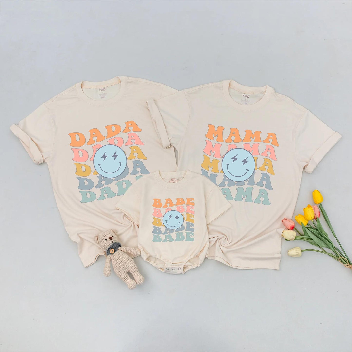 Matching Family 1st Birthday Shirts Retro One Happy Dude Bolt Eyes Smiley Design Mama Dada Mini Baby Boy Girl Peach Pink Yellow